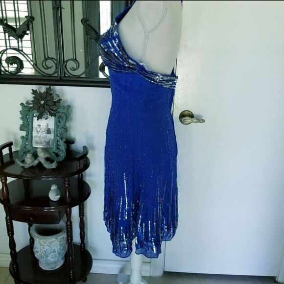 Milano large cobalt blue silver sequin beaded mini dress one shoulder strap form - Picture 4 of 10